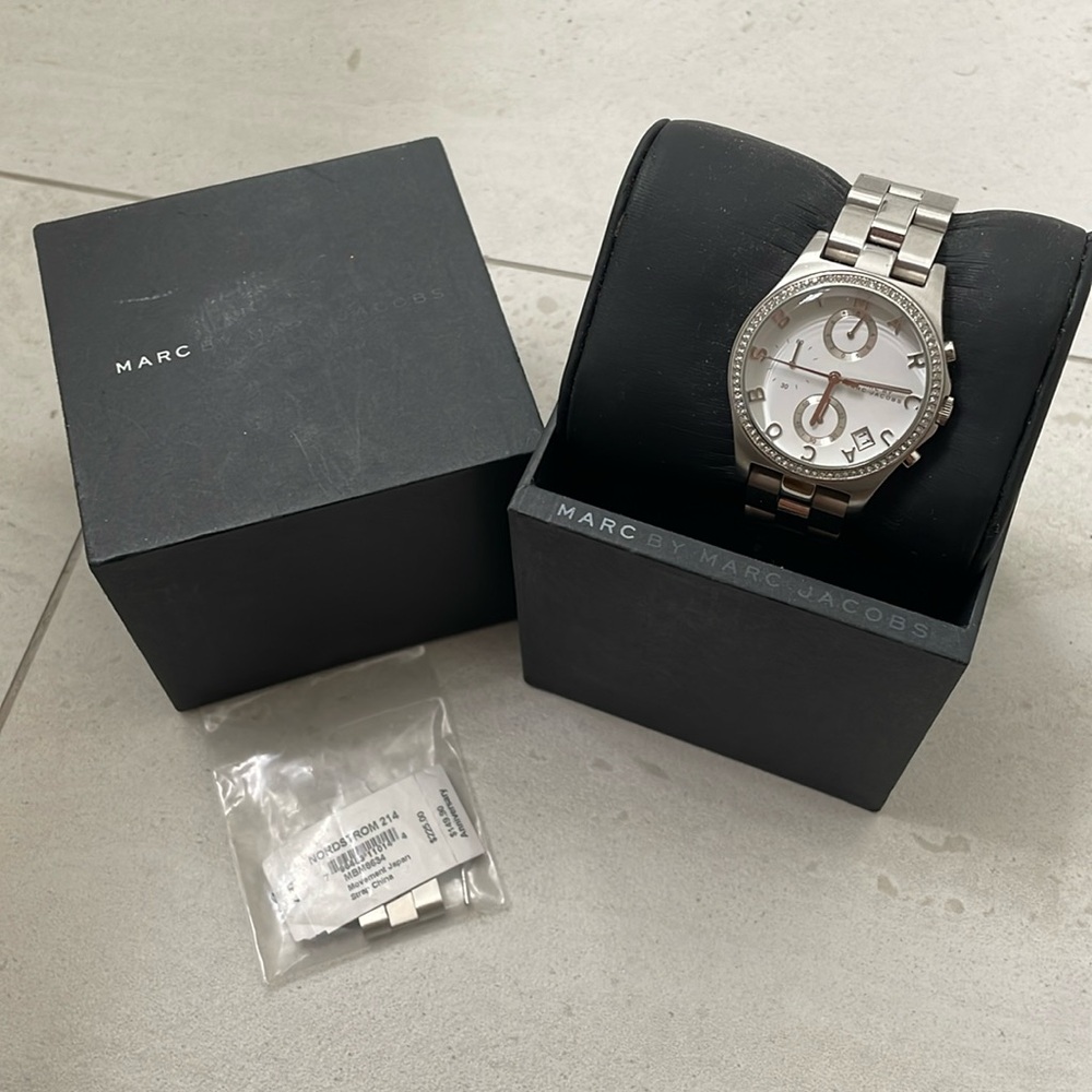 Marc Jacobs Steel Watch, White Face, Rhinestone Bezel Watch - great condition